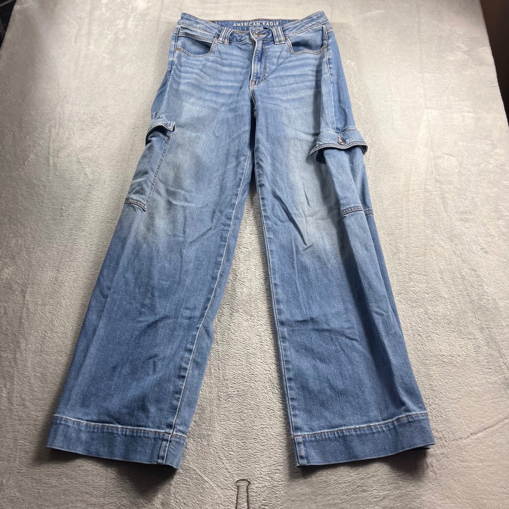 American Eagle Super High-Rise Baggy Wide Leg Cargo Jeans Blue Women 6 Regular